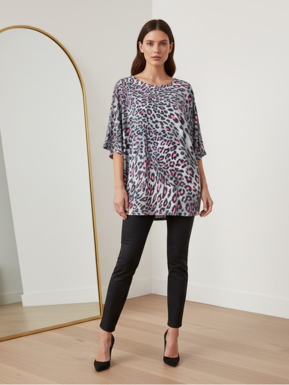 Zenana Boyfriend Oversized Leopard Print Top with Pink Accents